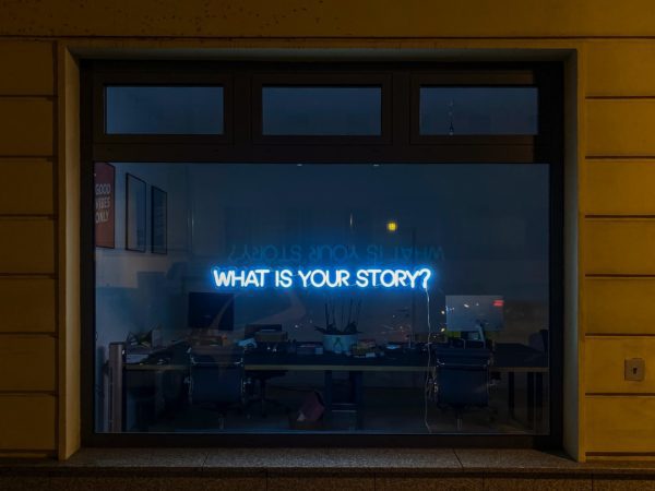 "What is your story" on the window