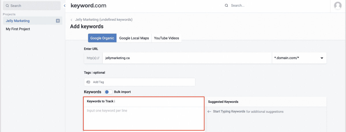 Keyword.com Keyword to Track in Project